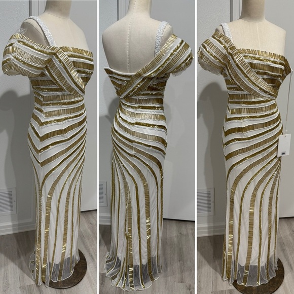 Mac Duggal Gold Goddess Beaded One Shoulder White Gown - Sample - Size 2 - Picture 4 of 14